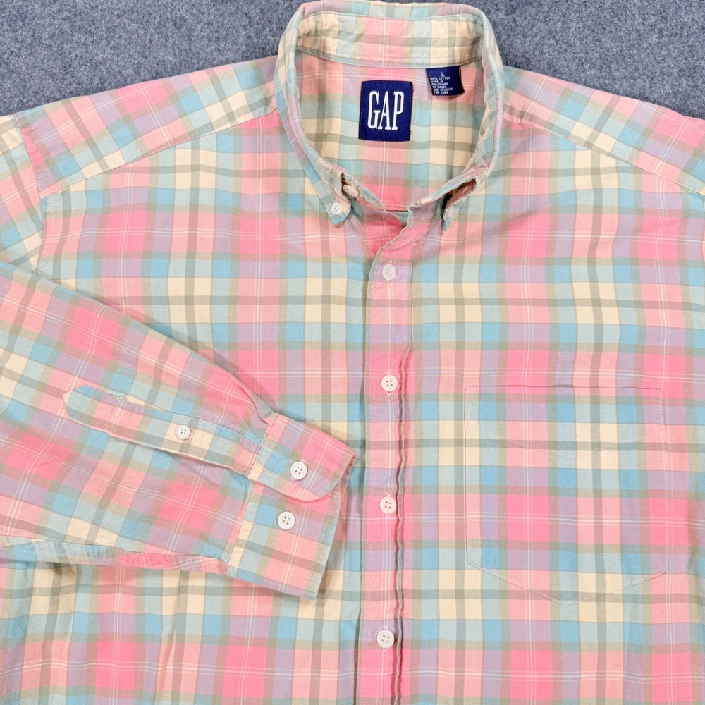 Gap Mens Large Pastel Plaid Button Down Shirt Pink Teal Yellow 100% Cotton L Y2k